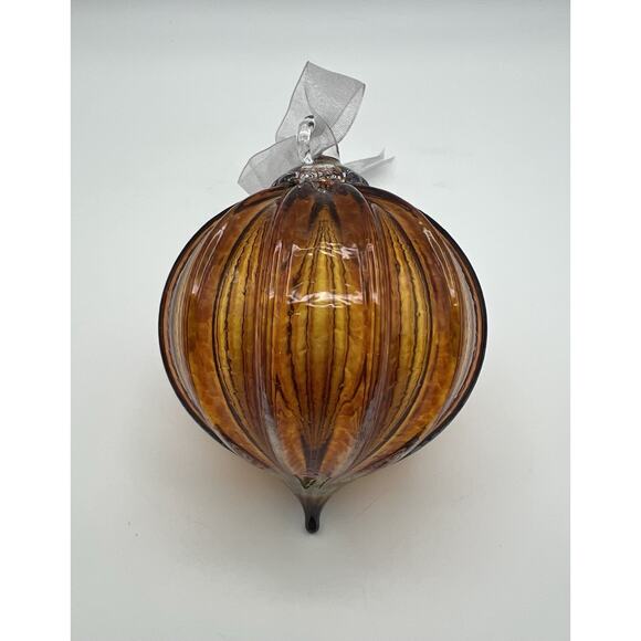 Hand Blown Amber Art Glass Christmas Ornament 4” Chinese Lantern Style - Picture 2 of 7